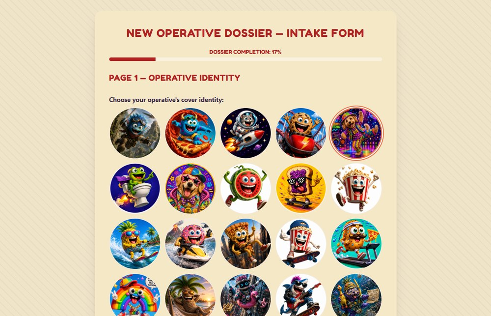 Wacky Missions HQ new operative dossier intake form with character cover identities